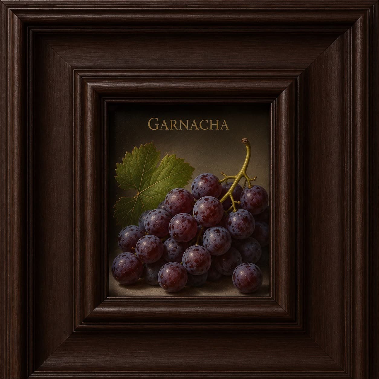 Ilustración enmarcada de un racimo de uva Garnacha con su hoja, etiqueta dorada