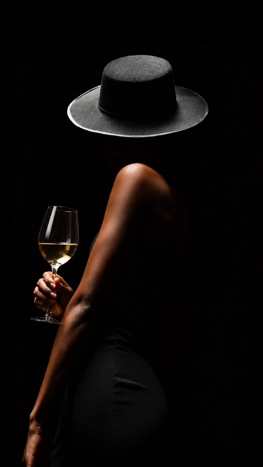 Silueta a contraluz con sombrero cordobés y copa de vino blanco, claroscuro absoluto