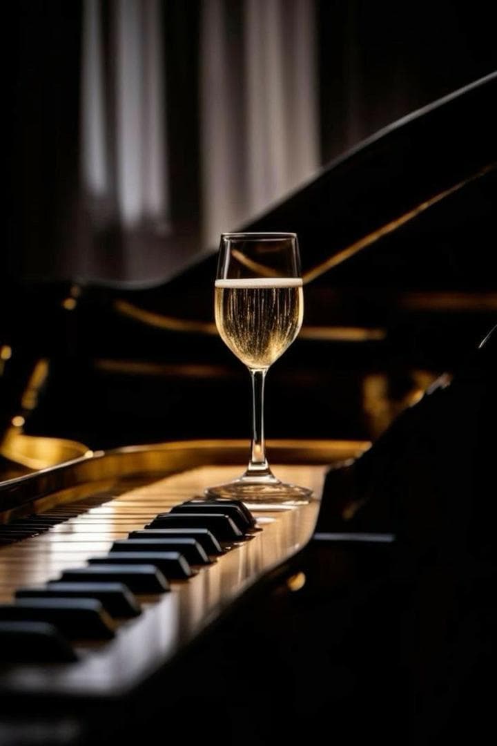 Copa de vino espumoso sobre un piano de cola, luz dramática dorada y negra